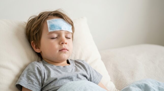 Sick young boy sleeping in bed with a cooling gel patch on his forehead. Child with fever resting at home. Pediatric healthcare and illness concept