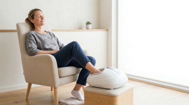 Woman relaxing in armchair using electric foot massager at home. Female patient enjoying foot massage therapy in modern living room. Wellness and self care concept