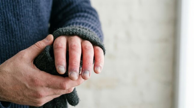Close up of hands with frostbite and swollen fingers. Man holding wool glove showing cold injury or Raynaud syndrome. Medical condition and winter health concept