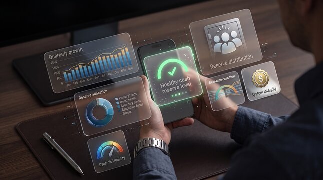 Businessman analyzing data, financial charts, and graphs on digital screens, futuristic office workspace