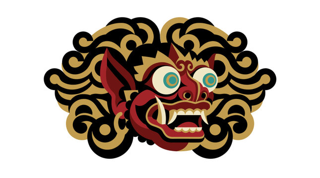 Red demon mask with gold and black swirls.
