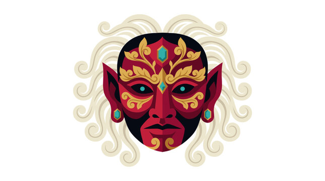 Red Rangda demon mask with white hair.