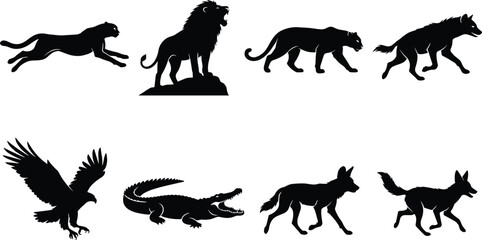 Obraz premium African wild animal silhouettes set featuring lion cheetah hyena crocodile eagle and jackal isolated on white background