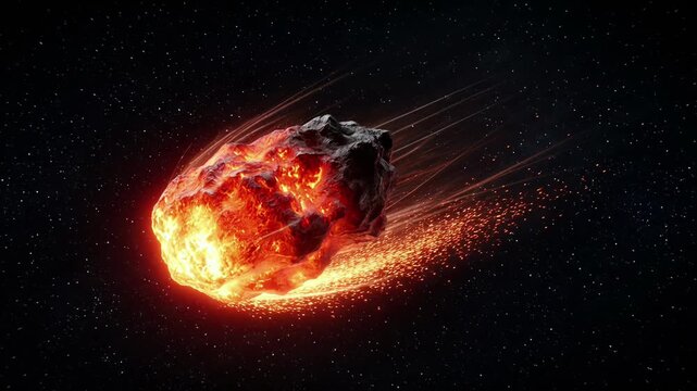Meteoroid burning with glowing ablation as it enters the atmosphere