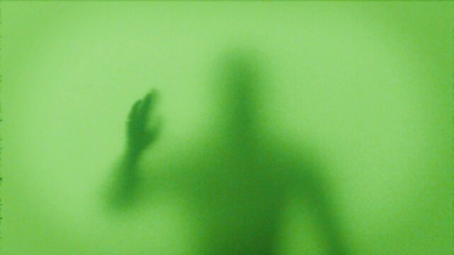 man waving from behind a thin opaque divider screen
