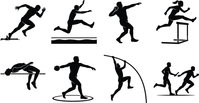 Black Track and Field Athletes Silhouettes Vector Set of Olympic Sports, Running, Jumping, Throwing, and Pole Vaulting Icons