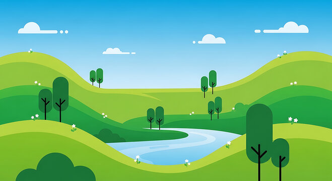 Green rolling hills landscape with river and trees