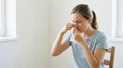 Fototapeta premium Woman holding a tissue to her nose to stop a nosebleed. Female patient suffering from allergy, cold, or sinus pressure sitting on a chair