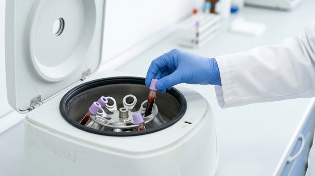 Laboratory technician placing blood sample tube into a centrifuge. Medical lab scientist preparing blood test in clinic