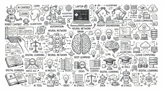Hand draw artificial intelligence neural network deep learning and digital technology doodle set