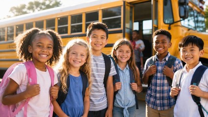 Obraz premium diverse elementary school children smiling with backpacks in front of yellow school bus on sunny morning