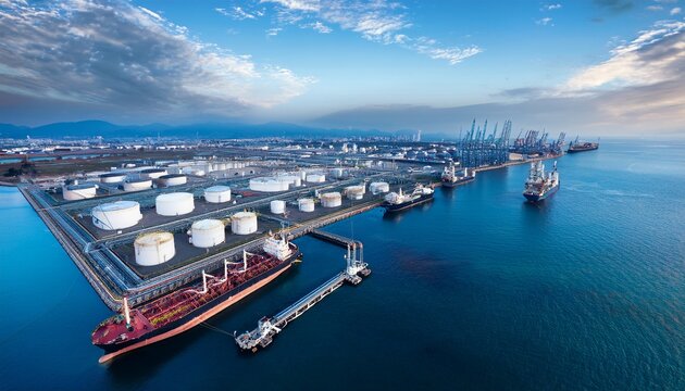 aerial view of a large industrial port with tank farm ships and pipelines