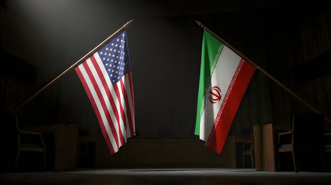The flags of the United States and Iran stand side by side in a dimly lit diplomatic room featuring wooden furniture and dramatic overhead spotlighting