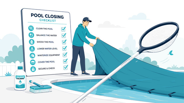 Swimming Pool Maintenance and Pool Closing Flat Illustration

