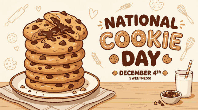 A stack of delicious chocolate chip cookies on a plate with milk for national cookie day celebration in a cute flat illustration
