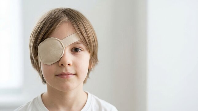 Young boy wearing a medical eye patch over his right eye. Pediatric ophthalmology and vision therapy concept