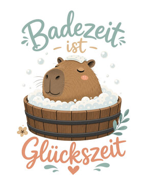Cute Capybara in Wooden Bath Tub Illustration