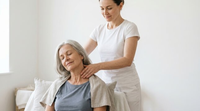 Female therapist massaging the neck of an elderly woman. Senior physical therapy and rehabilitation session. Elder care and wellness concept