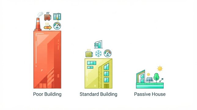 Three types of buildings show varying energy efficiency. The poor building wastes energy. The standard building shows improved usage.