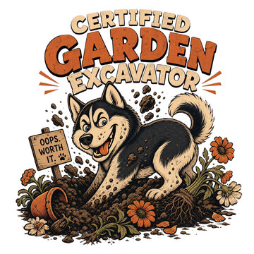 Funny Husky Dog Digging in Garden Illustration