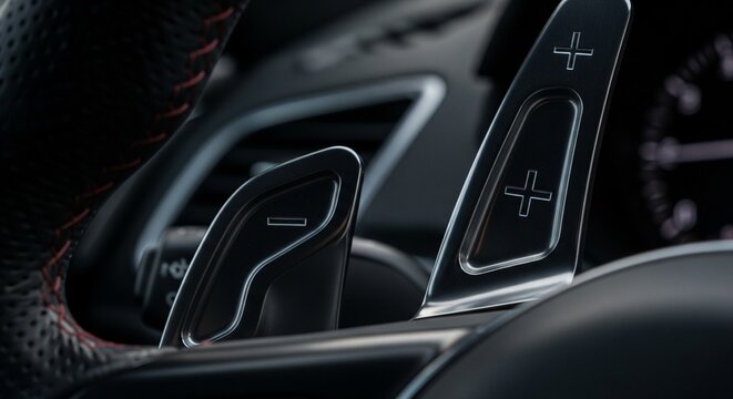 An extreme close-up photograph focusing on the carbon fiber paddle shifters behind a steering wheel in a luxury sports car