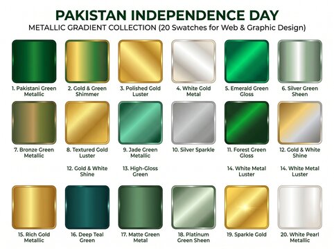 Metallic gradient swatches, Pakistan Independence Day colors, 20 swatches for web and graphic design, gold green metallic colors