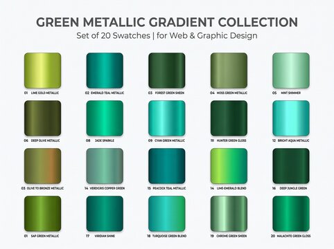 Green Metallic Gradient Collection, Swatches for Graphic Design, Web Colors, Metallic Green Palettes, Color Swatches