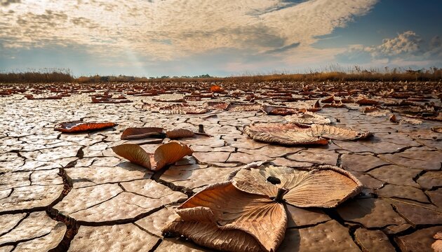 dried lily pads rest on a parched and cracked mud surface where a pond once thrived showing withered brown leaves in a harsh dry landscape bed abandoned conservation