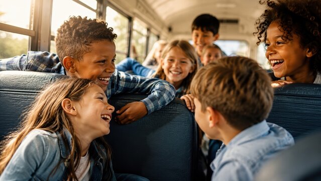 Diverse elementary school children laughing and talking together on a school bus during a warm morning commute