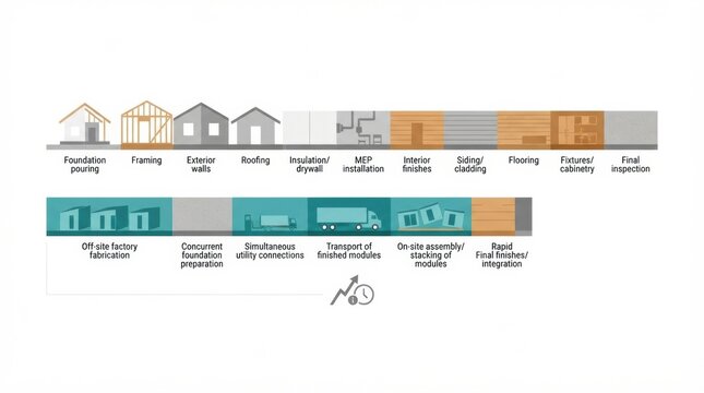 The steps involved in modular prefab home construction, from foundation to final inspection, outlining each phase clearly.