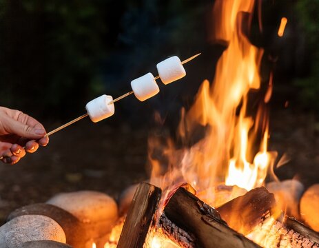 hands hold wooden skewers with white marshmallows roasting them over a warm brightly burning campfire concept of camping recreation and sweet treats