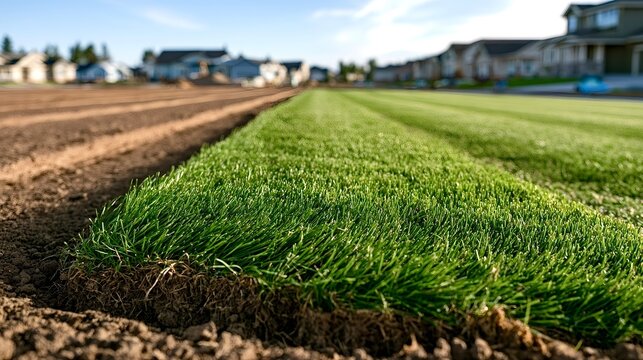 Installing fresh green sod rolls on new lawn