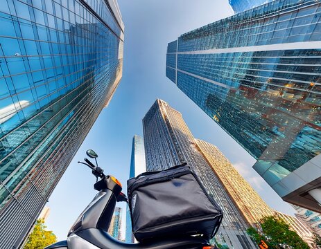 wide angle view of a delivery scooter with a large square thermal bag on a vast metropolitan street flanked by towering glass buildings skyscrapers fast buildings
