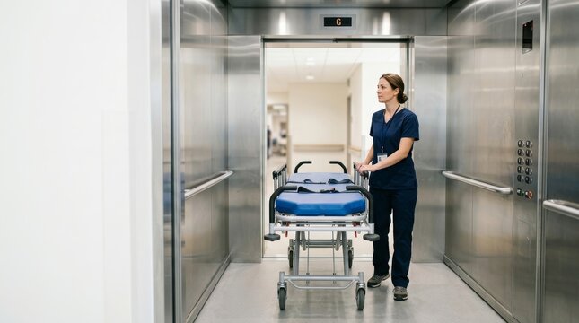 Female nurse pushing empty stretcher out of hospital elevator. Medical staff with gurney in clinic corridor. Patient transport and emergency response concept