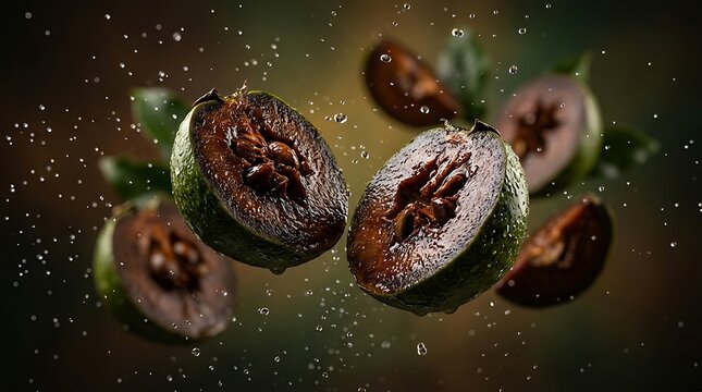 Fresh black sapote halves floating in air with splashing water droplets against a soft natural bokeh background