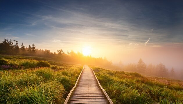a wooden boardwalk path leads down a grassy hill towards a misty forest during a beautiful golden sunrise concept of new beginnings and hope
