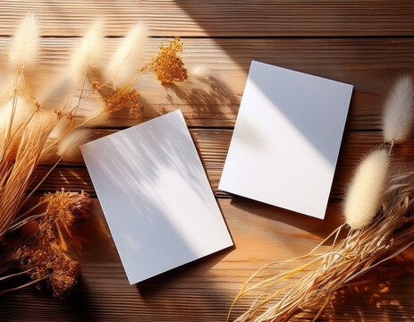 two blank white greeting cards or invitations placed on a wooden surface with dried flowers and soft sunlight
