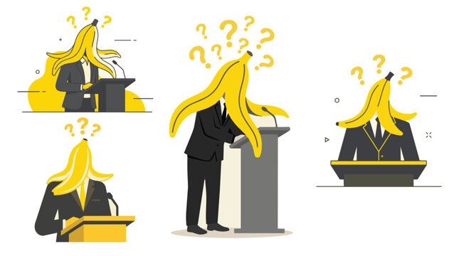 Humorous abstract flat vector illustration set of a confused businessman with a banana peel on his head giving a speech at a podium