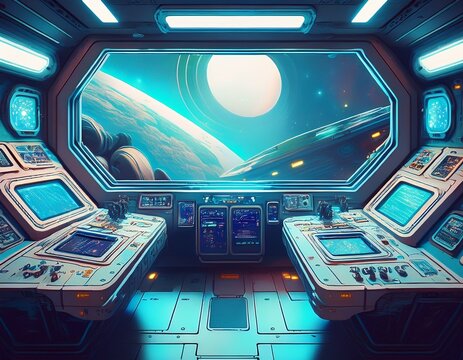 retro sci fi alien spaceship interior with pixelated control panels and starry window in cool tones