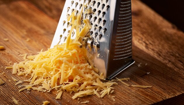 high angle close up of fresh yellow hard cheese being shredded with a stainless steel box grater onto a rustic wooden kitchen surface kitchen fresh kitchenware