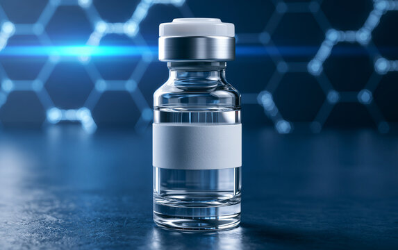 Clear glass vial pharmaceutical bottle white label sterile laboratory medical blue background healthcare science closeup modern