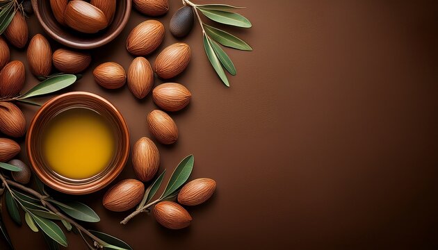 argan seeds and oil background argana nuts and branches created with generative ai tools generative ai