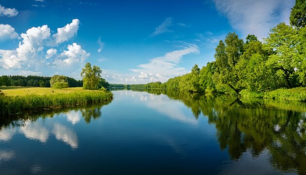 a calm wide river perfectly reflects the green trees along its banks under a bright blue sky with fluffy white clouds concept of pristine nature and tranquil summer landscape