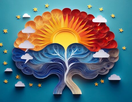 layered paper cut of a brain with alternating sun and storm symbols representing the highs and lows of bipolar disorder
