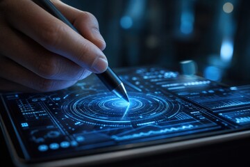 Fototapeta premium Hand holding a digital stylus pen touching a futuristic glowing blue touchscreen interface on a tablet device for data analysis and graphic design
