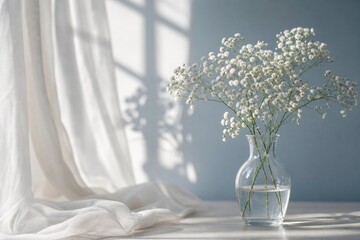 Fototapeta premium Gypsophila flowers in a glass vase stand on a table near a window with soft curtains and gentle morning sunlight casting shadows