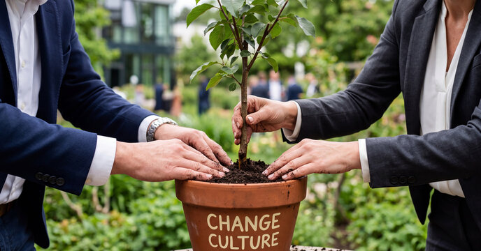 Business team growing change culture with young tree.
