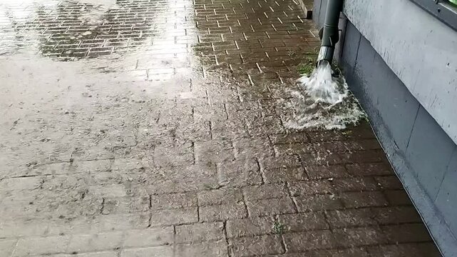 Rainwater flowing heavily from a gutter pipe onto a stone pavement outside. Rain weather, storm drainage system, urban infrastructure view.