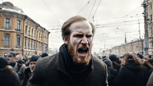 Man shouting in crowd depicting public protest or demonstration scene