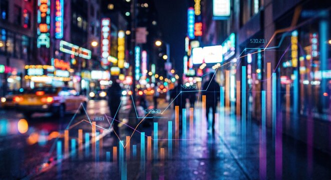 Financial stock market data charts overlaying a bustling city street at night with neon lights and blurred traffic representing global economic growth